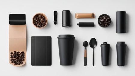 Coffee branding set including a premium coffee cup, packaging, and accessories, all displayed on a pristine white backgroundの素材