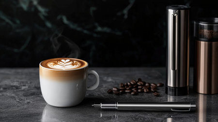 Latte art pen used by a barista for detailed coffee art, positioned next to an espresso shot and latte cupの素材