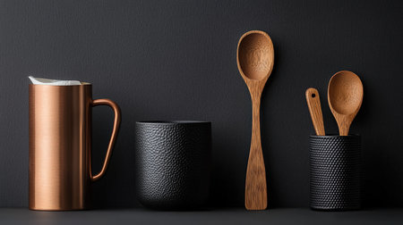 Luxury coffee accessories such as a copper milk frother, wooden scoop, and designer coffee cupの素材