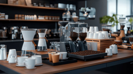 Premium coffee display with neatly arranged coffee beans, coffee cups, and coffeeの素材