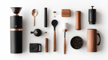 Premium barista tools set on a white background, including a tamper, milk frother, and coffee grinderの素材