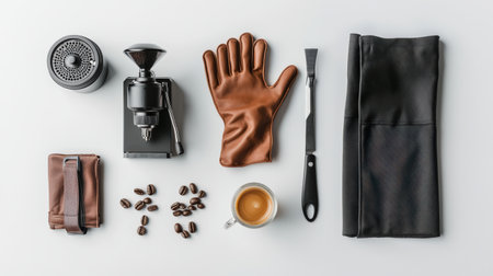 Barista gloves on a clean white background with a coffee grinder and espresso cup, emphasizing professional toolsの素材