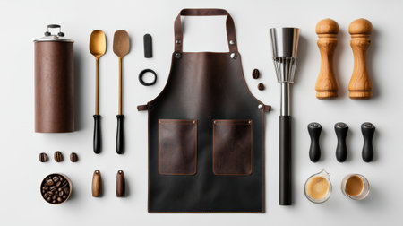 Barista apron on a clean white background with a coffee tamper and espresso shot glass, highlighting professional toolsの素材