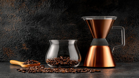 Copper coffee filter for pour-over brewing, set beside a glass coffee carafe and artisan coffee beansの素材