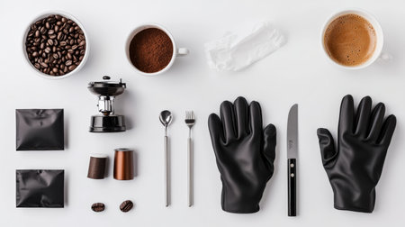 Barista gloves on a clean white background with a coffee grinder and espresso cup, emphasizing professional toolsの素材