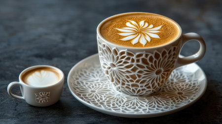 Latte art stencil used by a barista to create intricate patterns in a coffee cup, with milk and espresso shot beside itの素材