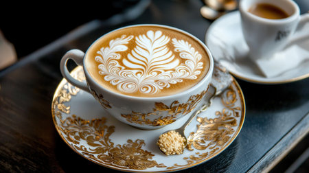 Latte art stencil used by a barista to create intricate patterns in a coffee cup, with milk and espresso shot beside itの素材