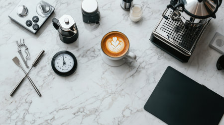 Coffee-making tools set, including a pour-over dripper, scale, and milk frother, placed on a marble countertopの素材