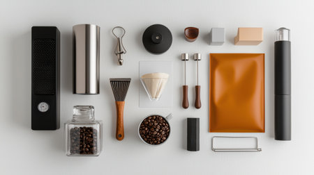 Specialty coffee tools displayed on a clean white background, showcasing premium brewing equipment like a scale, tamper, and dripperの素材