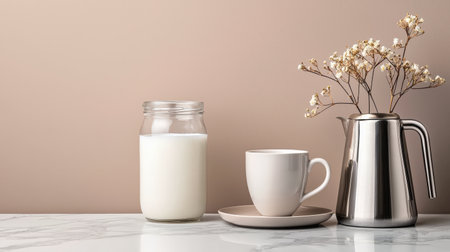 Glass milk jar with creamy milk for steaming, placed next to a luxury coffee cup and a stainless steel frotherの素材
