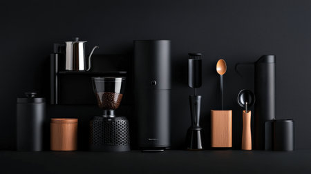 Premium coffee kit with essential brewing tools including a grinder, tamper, and milk frother, neatly arrangedの素材