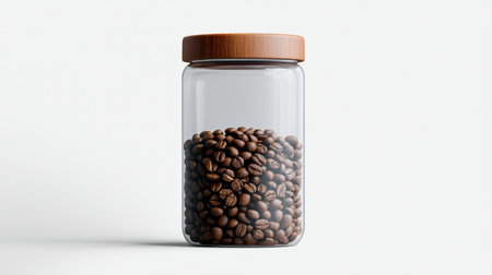 Elegant coffee jar with a minimalistic design, filled with premium coffee beans on a white backgroundの素材