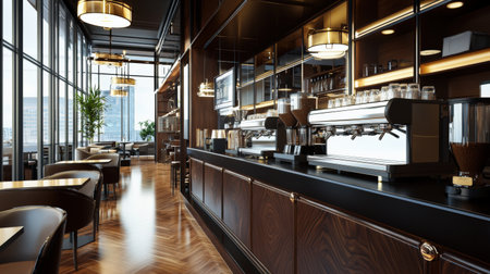 Luxury cafe decor featuring elegant coffee brewing equipment, modern furniture, and a sophisticated coffee ambianceの素材