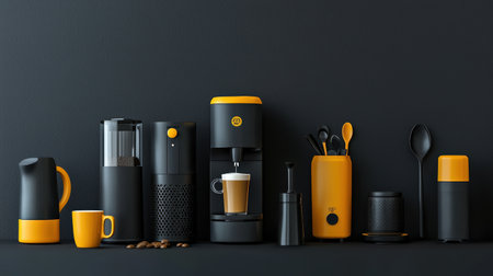 Coffee brewing station with espresso machine, milk frother, and accessories arranged in an organized, modern styleの素材