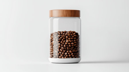 Elegant coffee jar with a minimalistic design, filled with premium coffee beans on a white backgroundの素材