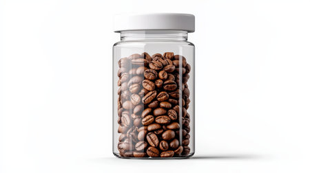 Elegant coffee jar with a minimalistic design, filled with premium coffee beans on a white backgroundの素材