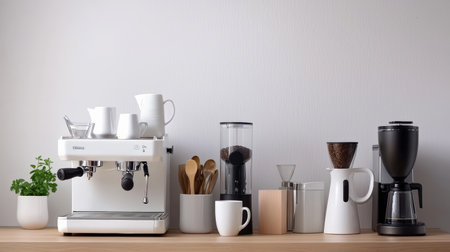 Coffee brewing station with espresso machine, milk frother, and accessories arranged in an organized, modern styleの素材
