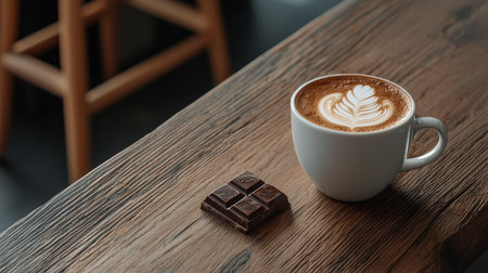 Latte cup filled with rich espresso, sitting beside a delicate piece of chocolate on a wooden tableの素材