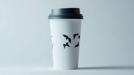 Designer coffee cup with a unique logo and artistic design, placed on a pristine white background for a luxury feelの素材