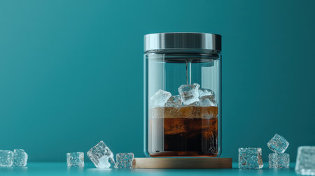 Cold brew maker with a premium glass jar and filtered coffee slowly dripping through, surrounded by fresh ice cubesの素材