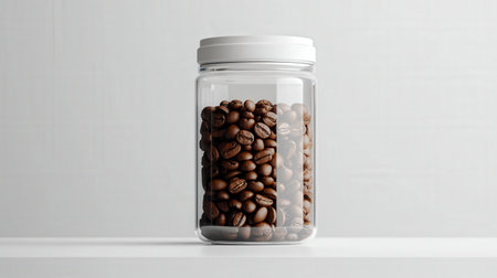 Coffee bean jar with airtight seal, filled with freshly roasted beans, placed on a sleek white surface for a premium lookの素材