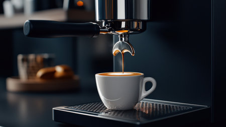 Close-up of a high-end espresso machine with a sleek stainless steel design, highlighting the espresso shot being poured into a luxury coffee cupの素材