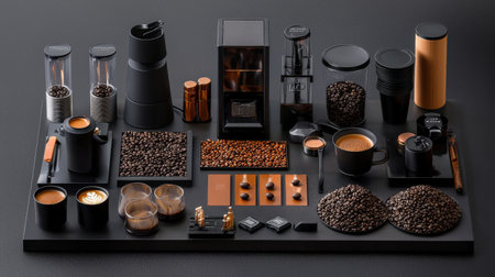Premium coffee display with neatly arranged coffee beans, coffee cups, and coffee-making tools for a high-end presentationの素材