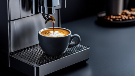 Close-up of a high-end espresso machine with a sleek stainless steel design, highlighting the espresso shot being poured into a luxury coffee cupの素材