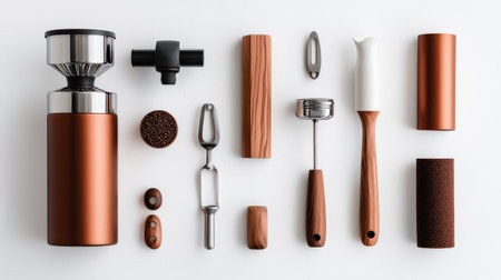 Premium barista tools set on a white background, including a tamper, milk frother, and coffee grinderの素材