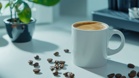Espresso mug with a strong shot of espresso, placed on a white table with coffee beans scattered aroundの素材
