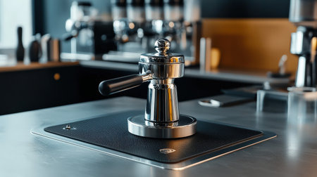 Coffee tamper mat used by baristas, with a polished stainless steel tamper resting on itの素材