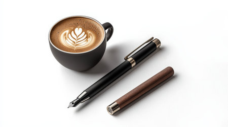 Latte art pen used by a barista for detailed coffee art, positioned next to an espresso shot and latte cupの素材