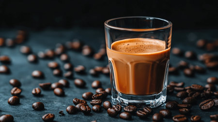 Double espresso served in a high-end glass, with a rich crema and scattered coffee beans around itの素材