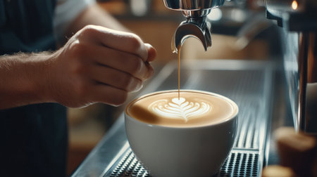 Close-up of a barista crafting the perfect latte art, behind the scenes of the city's coffee culture, warm and inviting.の素材