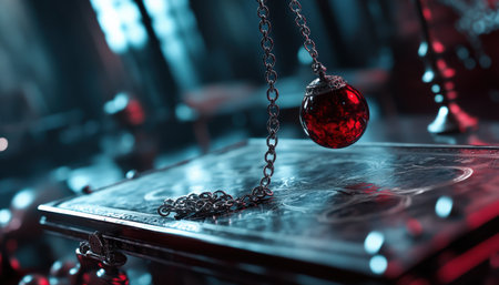 Mystical pendulum on a chain swings over a magic table. red tones neonの素材
