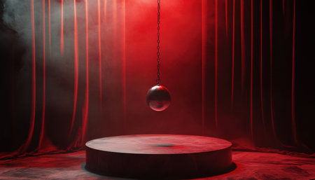 Mystical pendulum on a chain swings over a magic table. red tones neonの素材