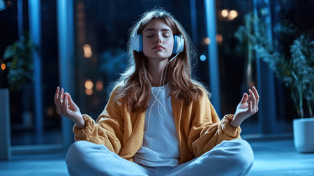 A young woman listens to chillhop music on her headphones and meditatesの素材