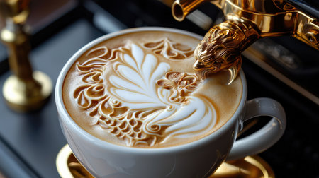 Latte art in a luxury coffee cup, with intricate swirls and patterns made with steamed milkの素材