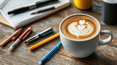 Latte art tools including stencils and pens, with a freshly made latte in a designer coffeeの素材