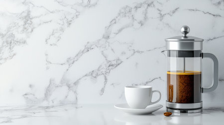 French press filled with freshly brewed coffee, placed on a marble countertop beside a ceramic coffee cupの素材