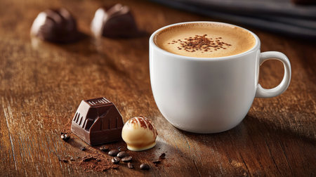 Latte cup filled with rich espresso, sitting beside a delicate piece of chocolate on a wooden tableの素材