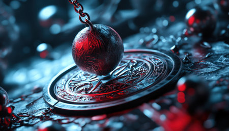 Mystical pendulum on a chain swings over a magic table. red tones neonの素材
