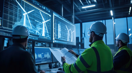 Group of wind turbine engineers discussing blueprints and data in a control room, with digital screens displaying turbine information blue neonの素材