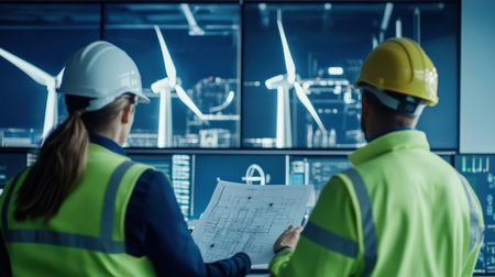Group of wind turbine engineers discussing blueprints and data in a control room, with digital screens displaying turbine information blue neonの素材