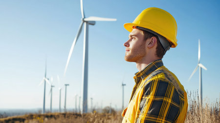 Wind turbine engineer inspecting the rotor blades on a sunny day, with wind turbines scattered across the horizonの素材
