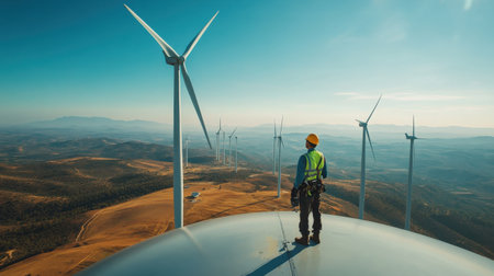 Wind turbine engineer inspecting the rotor blades on a sunny day, with wind turbines scattered across the horizonの素材