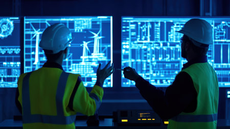 Group of wind turbine engineers discussing blueprints and data in a control room, with digital screens displaying turbine information blue neonの素材