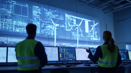 Group of wind turbine engineers discussing blueprints and data in a control room, with digital screens displaying turbine information blue neonの素材