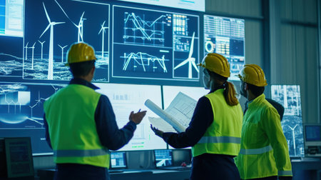 Group of wind turbine engineers discussing blueprints and data in a control room, with digital screens displaying turbine informationの素材