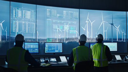 Group of wind turbine engineers discussing blueprints and data in a control room, with digital screens displaying turbine information blue neonの素材